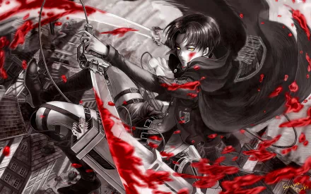 HD desktop wallpaper featuring Levi Ackerman from the anime Attack on Titan, showcasing an intense action scene with vibrant red and grayscale contrast.