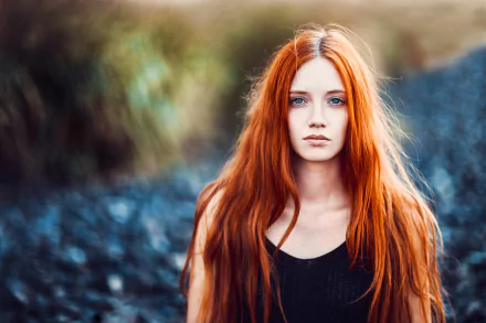 HD desktop wallpaper featuring a redheaded woman model with blue eyes, captured with a beautiful depth of field effect. The background is softly blurred, highlighting her vibrant hair and striking gaze.