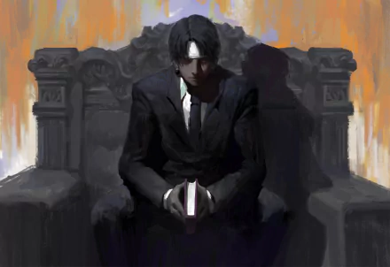 A striking HD desktop wallpaper from Hunter x Hunter, featuring a brooding figure in a suit sitting on an ornate throne, holding a book against a dramatic, colorful background.