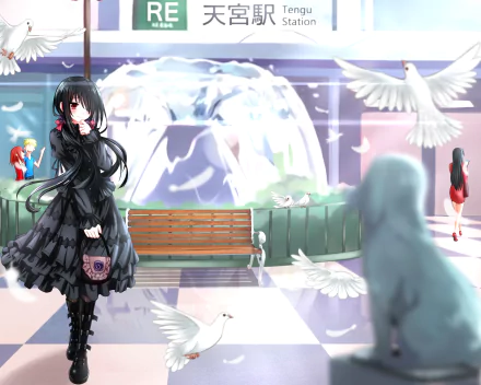 A stunning HD desktop wallpaper from the anime Date A Live, featuring a girl in a black dress amidst a serene background with doves and a fountain.