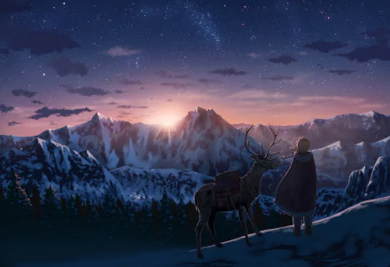 Anime-style HD wallpaper depicting a serene winter landscape at sunset with a person and a deer gazing at snowy mountains, blending elements of nature and tranquility.