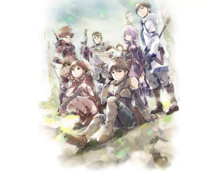 A high-definition wallpaper featuring characters from Grimgar of Fantasy and Ash, including Haruhiro, Shihoru, and Ranta, set against a vibrant, fantasy-inspired backdrop.