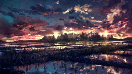 Artistic HD landscape wallpaper depicting a serene marsh at sunset with dramatic clouds reflecting on still water.