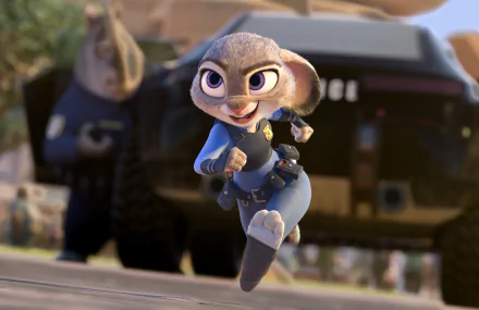 HD desktop wallpaper of Judy Hopps from the movie Zootopia, confidently running with a determined expression, a police vehicle and a fellow officer in the background.