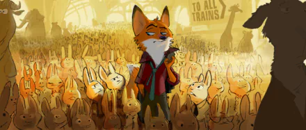Nick Wilde stands confidently in a vibrant scene from the movie Zootopia, surrounded by a crowd of rabbits, capturing the film's lively atmosphere as a colorful HD wallpaper.