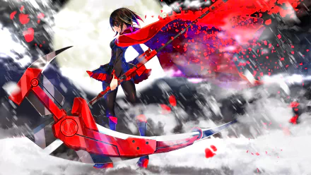 High-definition wallpaper featuring Ruby Rose from RWBY, showcasing her iconic scythe against a dramatic background of swirling red and black elements.