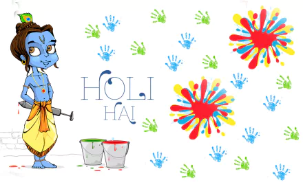 A vibrant HD desktop wallpaper featuring colorful handprints and splashes symbolizing Holi, alongside a playful character celebrating the holiday with joy and spirit.