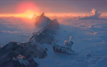 A post-apocalyptic scene at sunrise shows snow-covered container ships stranded in icy waters, depicted in a comic style from Romantically Apocalyptic.