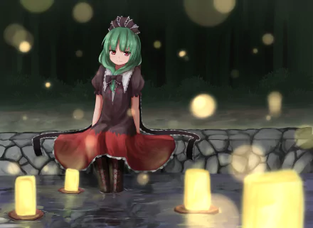 Hina Kagiyama from Touhou sits on a stone wall surrounded by glowing lanterns in this HD anime desktop wallpaper.