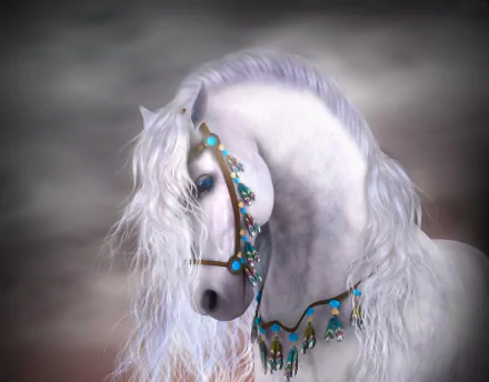 A fantasy-themed HD wallpaper featuring a majestic white horse with blue eyes adorned in decorative feathers against a moody background.