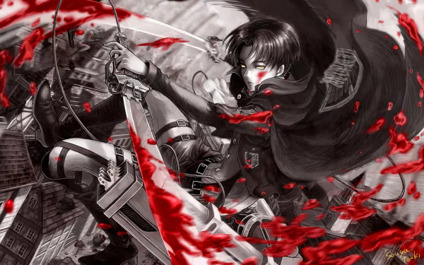 HD desktop wallpaper featuring Levi Ackerman from the anime Attack on Titan, showcasing an intense action scene with vibrant red and grayscale contrast.