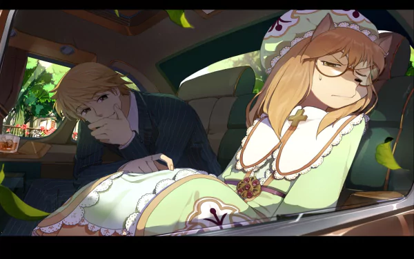An HD anime wallpaper featuring characters from Hunter x Hunter, set in a car with a lush background, capturing a moment of contemplation and unique style.
