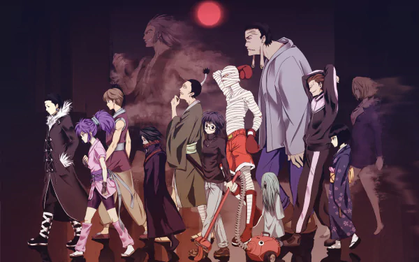 A dynamic HD wallpaper featuring characters from Hunter x Hunter's Phantom Troupe, including Shizuku Murasaki, Phinks Magcub, Pakunoda, and Bonolenov Ndongo, against a striking backdrop.