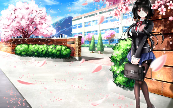 HD desktop wallpaper featuring an anime character from Date A Live, standing in front of a school with cherry blossoms in full bloom.