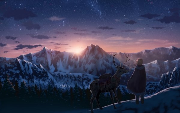 Anime Original Sunset Mountain Deer Winter Landscape HD Wallpaper | Background Image