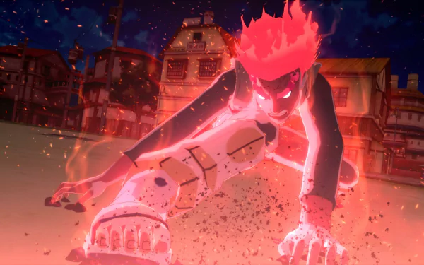 HD PC wallpaper featuring Might Guy unlocking the Eight Gates, engulfed in fiery aura, from the video game Naruto Shippuden: Ultimate Ninja Storm 4.