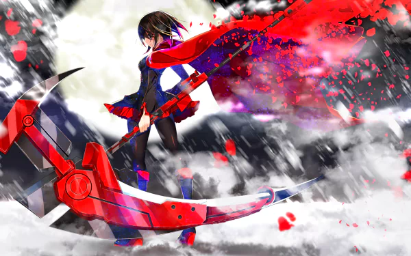 High-definition wallpaper featuring Ruby Rose from RWBY, showcasing her iconic scythe against a dramatic background of swirling red and black elements.
