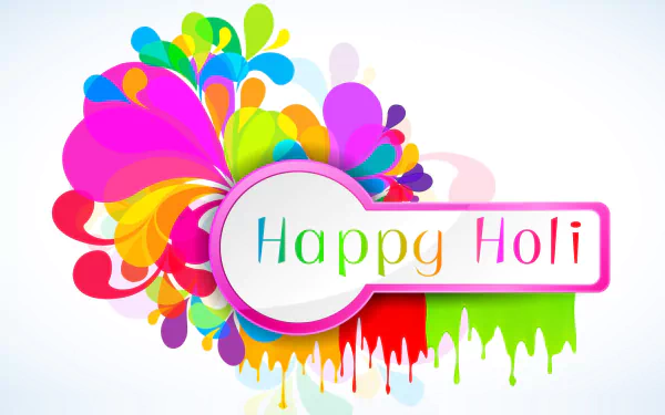HD desktop wallpaper featuring vibrant splashes of colors with Happy Holi text, capturing the festive spirit of the Holi holiday.