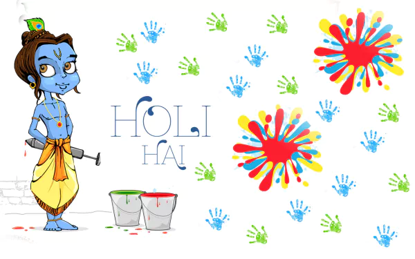 A vibrant HD desktop wallpaper featuring colorful handprints and splashes symbolizing Holi, alongside a playful character celebrating the holiday with joy and spirit.