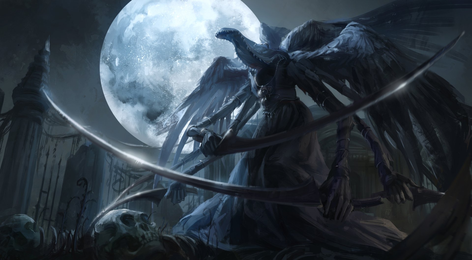 A dark and atmospheric HD wallpaper featuring a character from the video game Bloodborne, standing under a full moon with a scythe and skeletal elements in a haunting landscape.