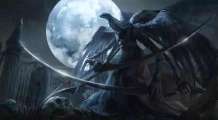 A dark and atmospheric HD wallpaper featuring a character from the video game Bloodborne, standing under a full moon with a scythe and skeletal elements in a haunting landscape.