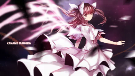 A vibrant HD wallpaper featuring Ultimate Madoka Kaname from Puella Magi Madoka Magica, showcasing her iconic dress and ethereal wings in an enchanting scene.