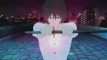 A dynamic scene from Bakemono no Ko featuring the main character wielding a sword, surrounded by a vibrant cityscape at night, perfect for anime fans and desktop backgrounds.