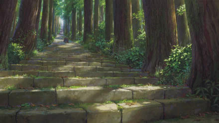 A serene forest scene from Bakemono no Ko features stone stairs winding through tall trees, capturing the enchanting atmosphere of this anime and serving as a vibrant desktop wallpaper.