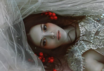 HD desktop wallpaper of a brunette woman with brown eyes lying down, wearing an ornate veil and detailed garment, accented with red berries in her hair.