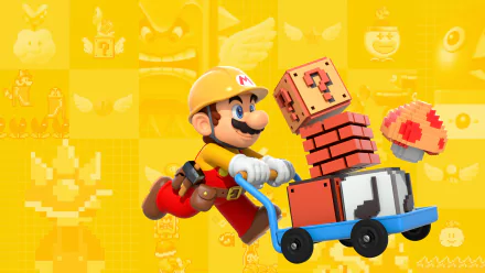 A vibrant HD wallpaper featuring Mario in a construction outfit, pushing a cart filled with blocks and mushrooms, set against a bright yellow background reminiscent of Super Mario Maker.