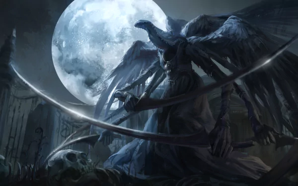 A dark and atmospheric HD wallpaper featuring a character from the video game Bloodborne, standing under a full moon with a scythe and skeletal elements in a haunting landscape.