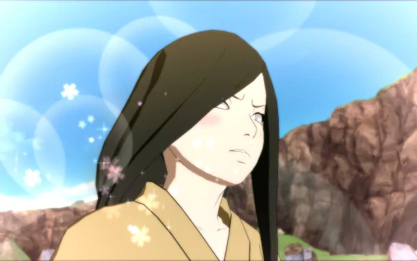 HD PC desktop wallpaper of Hanabi Hyûga from the video game Naruto Shippuden: Ultimate Ninja Storm 4 — close-up with long dark hair, pale Byakugan eyes, yellow kimono, falling cherry blossoms.