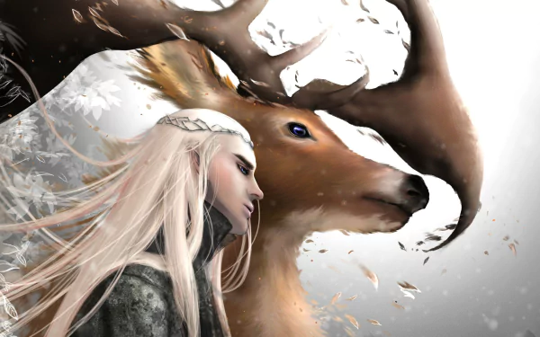 A majestic stag accompanies Thranduil, the elven king, featuring antlers and flowing white hair. This enchanting fantasy scene from The Lord of the Rings captures a mystical bond with nature.