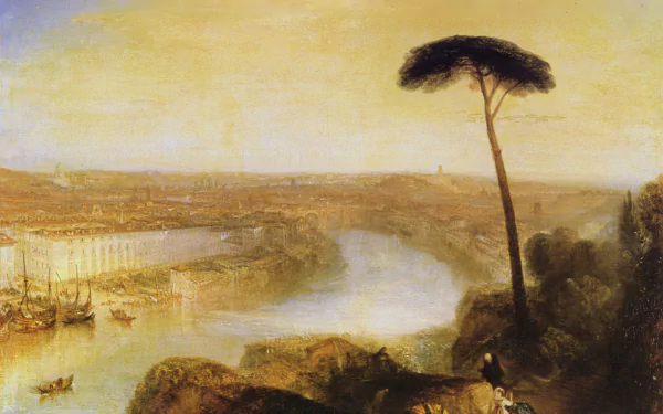 Artistic painting of Rome's cityscape and river with houses, presented as an HD desktop wallpaper and background, capturing a serene landscape view.