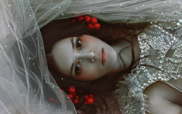 HD desktop wallpaper of a brunette woman with brown eyes lying down, wearing an ornate veil and detailed garment, accented with red berries in her hair.