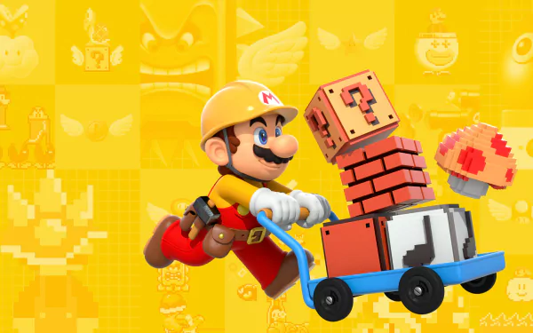 A vibrant HD wallpaper featuring Mario in a construction outfit, pushing a cart filled with blocks and mushrooms, set against a bright yellow background reminiscent of Super Mario Maker.