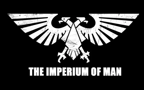 A striking HD wallpaper featuring the iconic logo of the Imperium of Man from the Warhammer video game series. The bold design contrasts sharply against a black background.