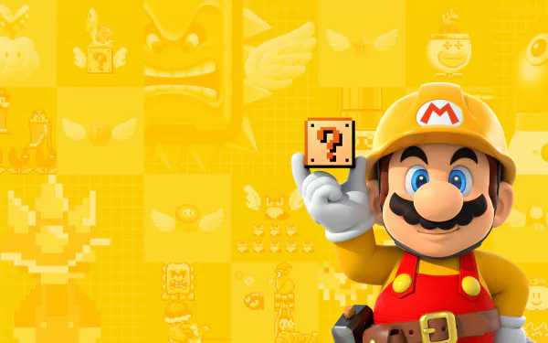 HD PC desktop wallpaper featuring Mario in construction gear holding a question block from the video game Super Mario Maker against a bright yellow background.