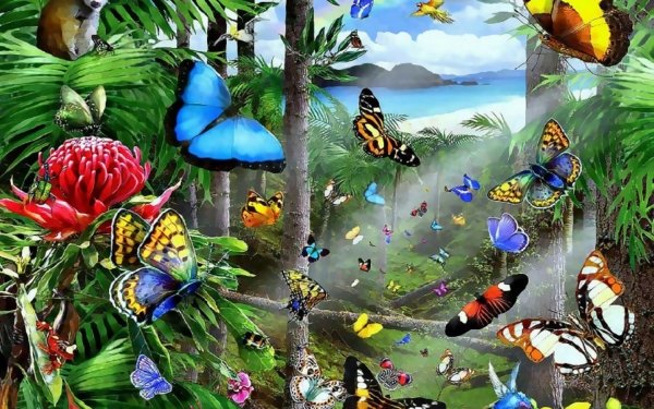 Artístico Mariposa Colores Rainforest Jungla Mono Árbol Fondo de pantalla HD | Fondo de Escritorio