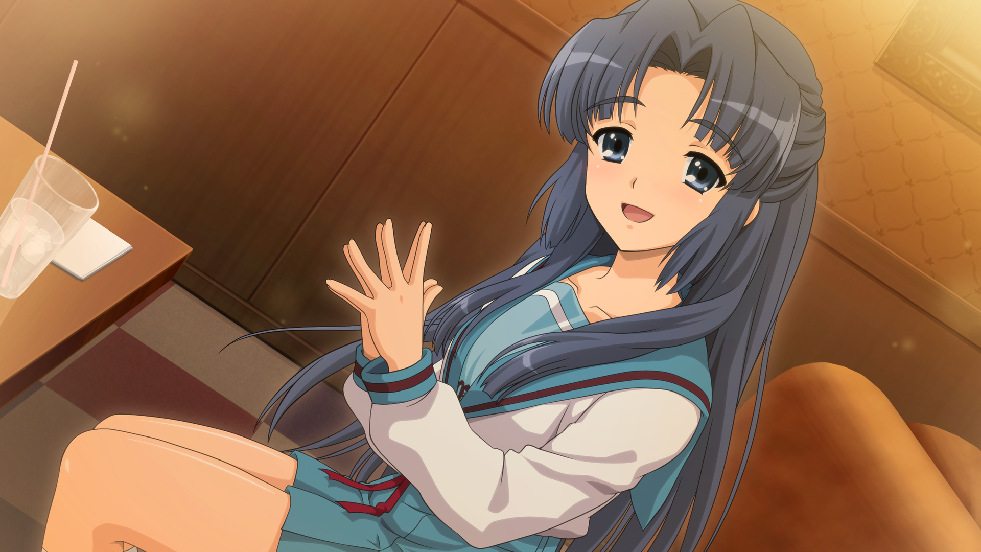 HD PC desktop wallpaper/background of Ryōko Asakura (anime, The Melancholy of Haruhi Suzumiya) — smiling long-haired girl in a blue sailor school uniform seated indoors.