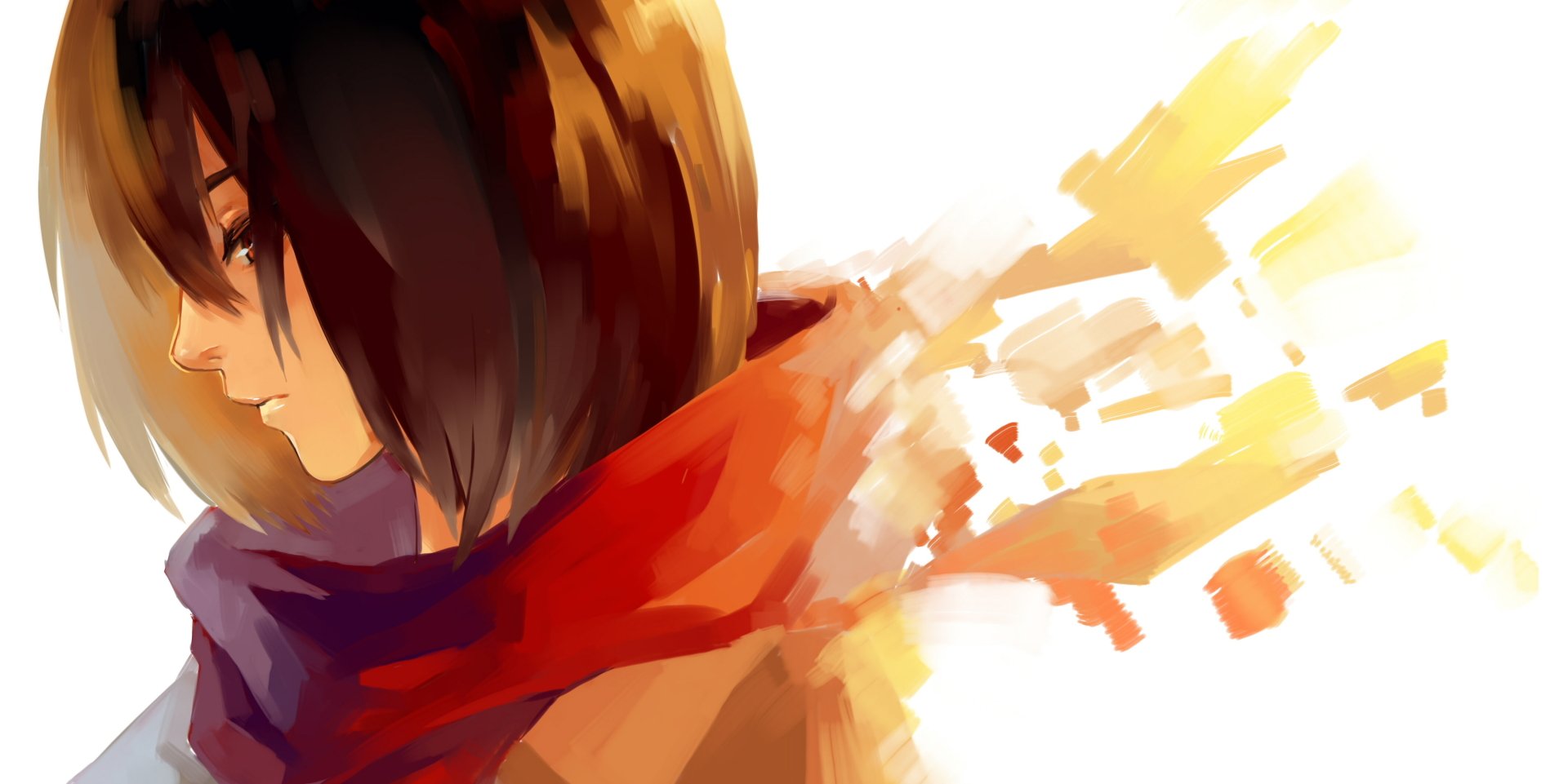 A vibrant HD wallpaper featuring Mikasa Ackerman from Anime Attack on Titan, showcasing her side profile with a flowing scarf and dynamic abstract elements in the background.