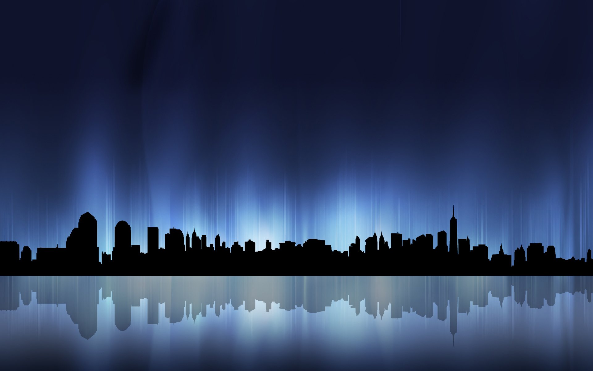 HD PC desktop wallpaper featuring a man-made city skyline silhouette with a glowing blue gradient sky reflected on calm water.