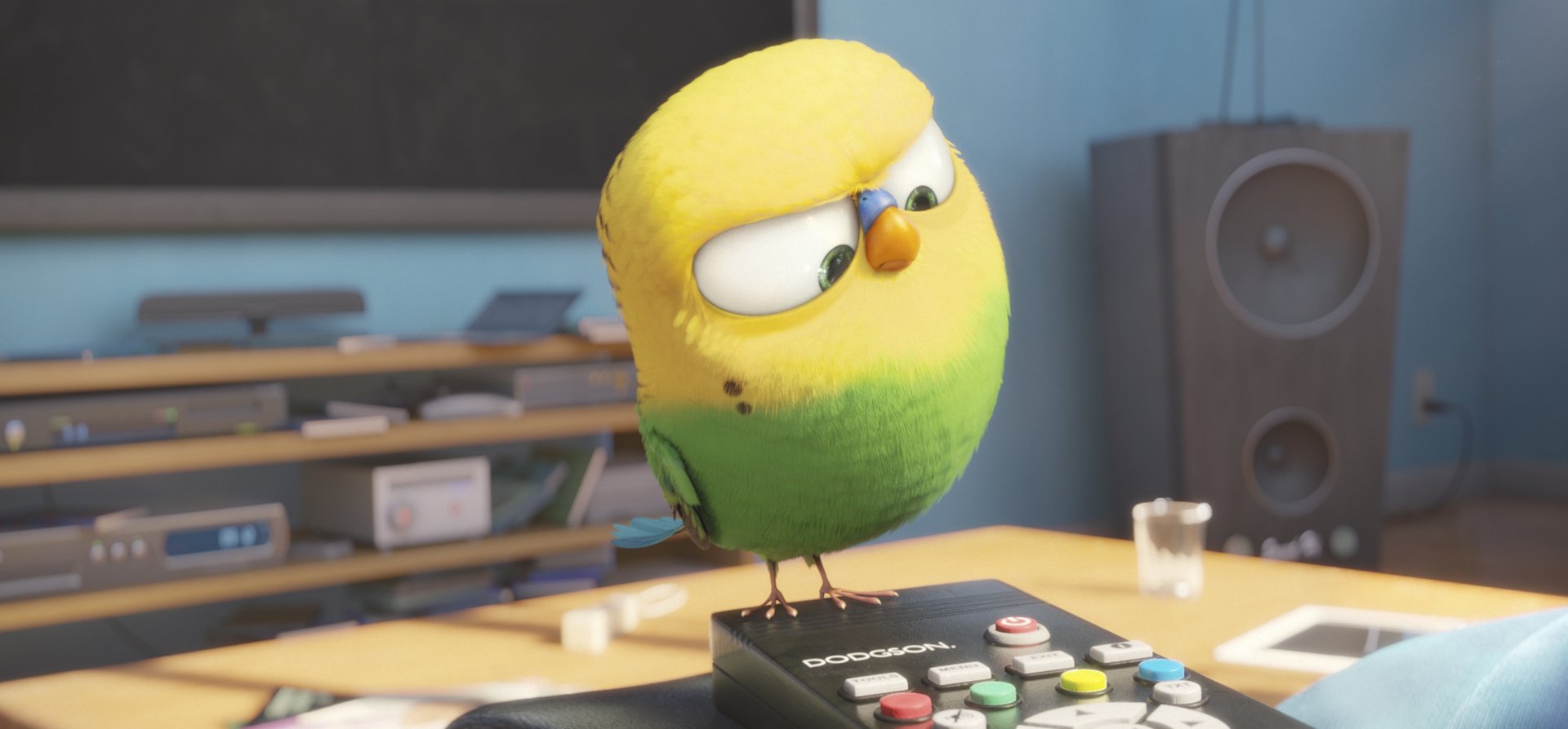 A colorful bird from The Secret Life of Pets stands atop a remote control, showcasing a playful expression in this HD desktop wallpaper.