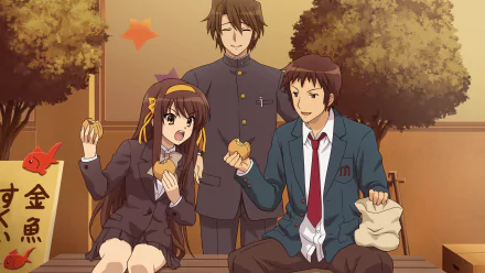 A vibrant anime scene from The Melancholy of Haruhi Suzumiya, featuring Itsuki Koizumi, Kyon, and Haruhi Suzumiya enjoying snacks together in a lively setting. HD wallpaper.
