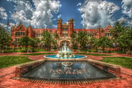 A stunning HDR image of the fountain and palm trees at Florida State University, showcasing the iconic architecture and vibrant campus environment in 4K Ultra HD.
