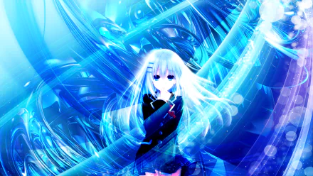 HD desktop wallpaper featuring Origami Tobiichi from Date A Live, showcasing her blue eyes, long white hair, and school uniform, set against a vibrant, ethereal blue background.