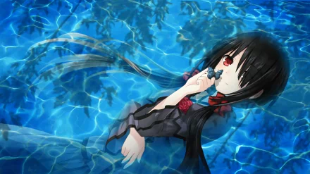 HD desktop wallpaper featuring Kurumi Tokisaki from Date A Live. She has long black hair and red eyes, floating in water with cute, anime-styled artistry.