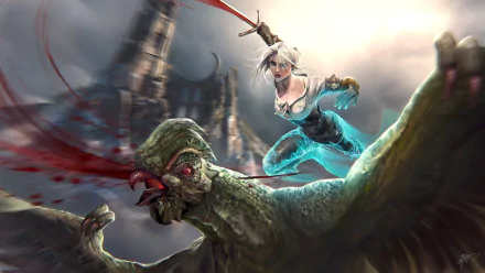Ciri from The Witcher 3: Wild Hunt battles a fierce creature in this HD PC desktop wallpaper, capturing the dynamic action and intricate details of the game.
