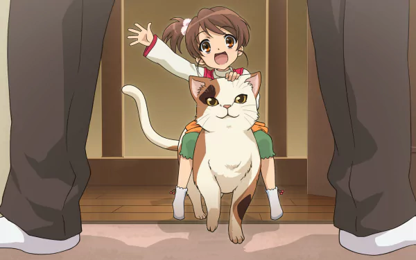 Anime wallpaper featuring Kyon's Sister riding a large cat with Shamisen from The Melancholy of Haruhi Suzumiya, captured in HD for PC desktop background use.