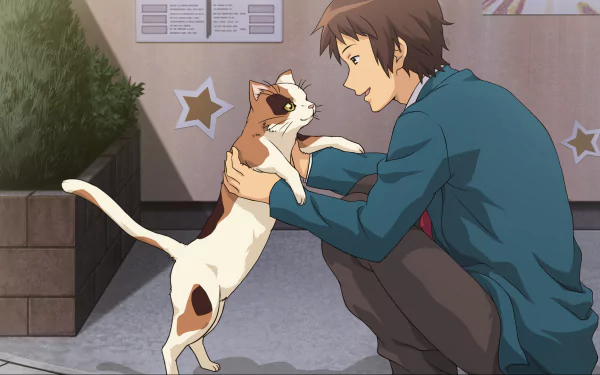 HD PC desktop wallpaper: Kyon (The Melancholy of Haruhi Suzumiya) kneels to lift Shamisen the calico cat in a warm anime-style street background.